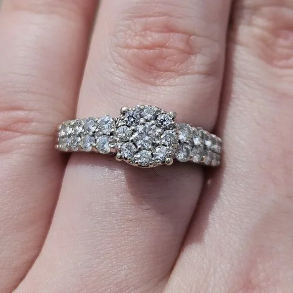 14K White Gold Diamond Halo 2 Row Engagement Ring 1.02TCW Size 6.75